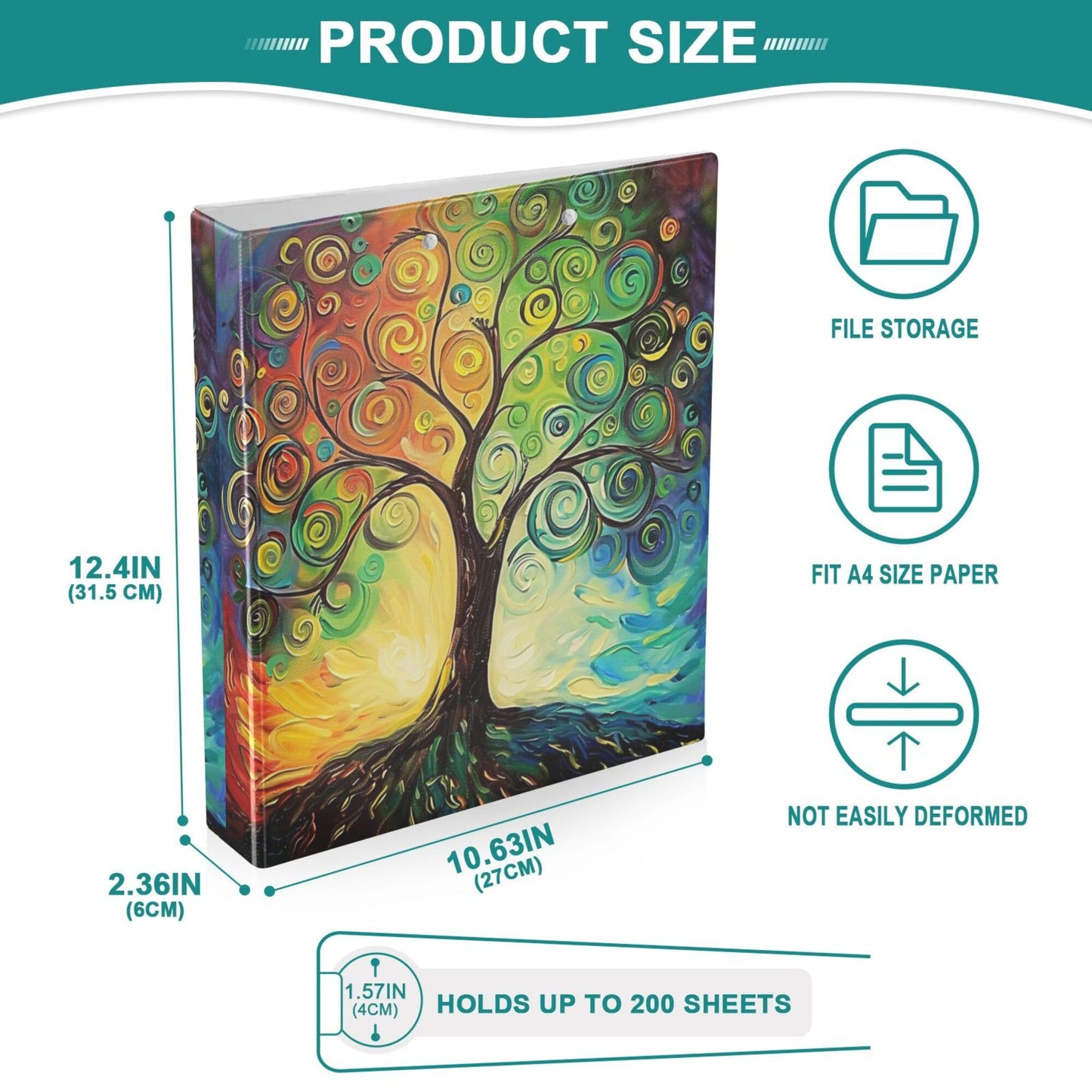 Tree of Life Round Ring Binders 1.5 Inch Rainbow Colorful 3 Ring Clipboard Binder for Office School Work Supplies File Folder 200 Sheet Capacity