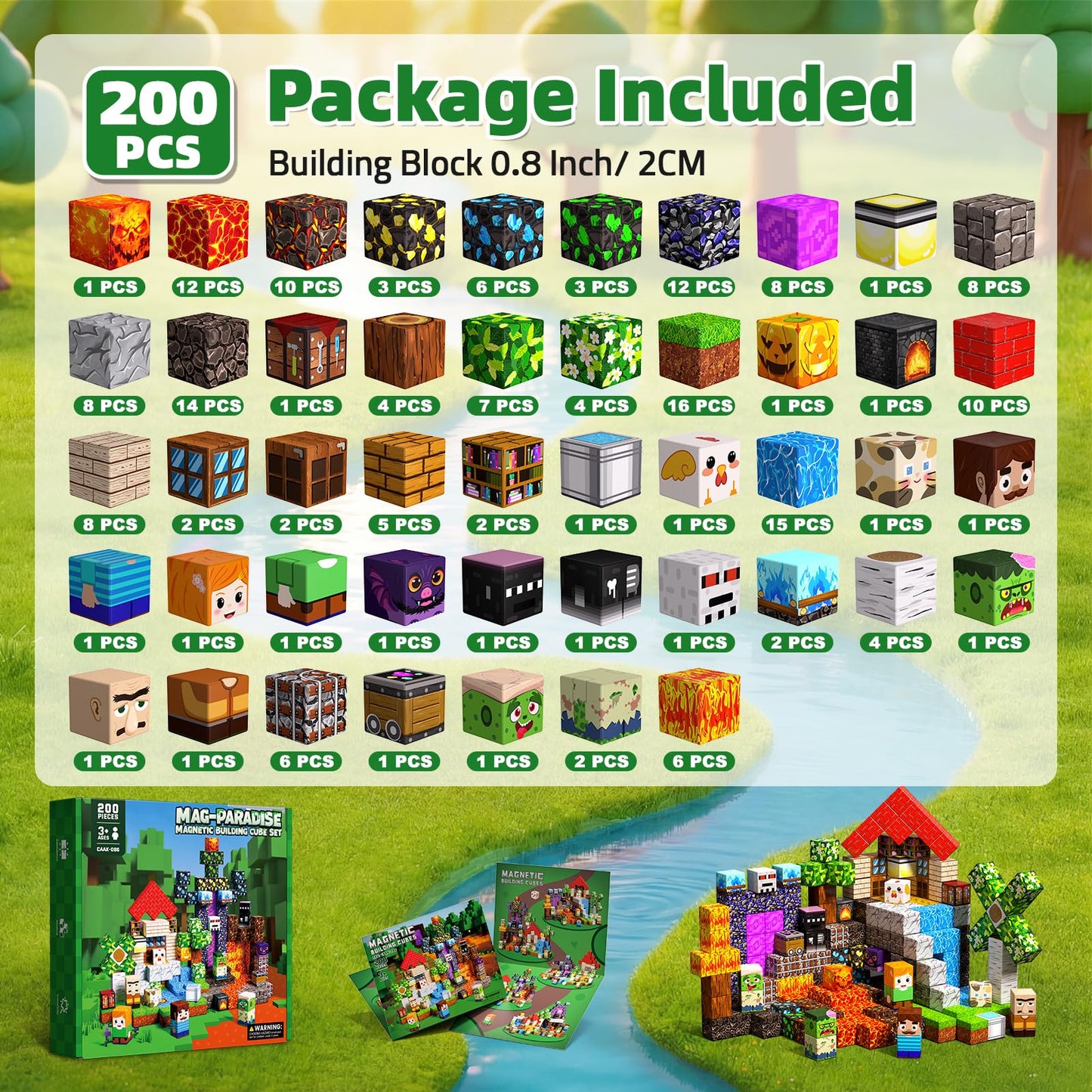 200PCS Magnetic Blocks, Magnetic Building Cube Set for Kids Ages 3+, Constructions STEM Stacking Tiles Toy Building Birthday Gifts for Boys Girls