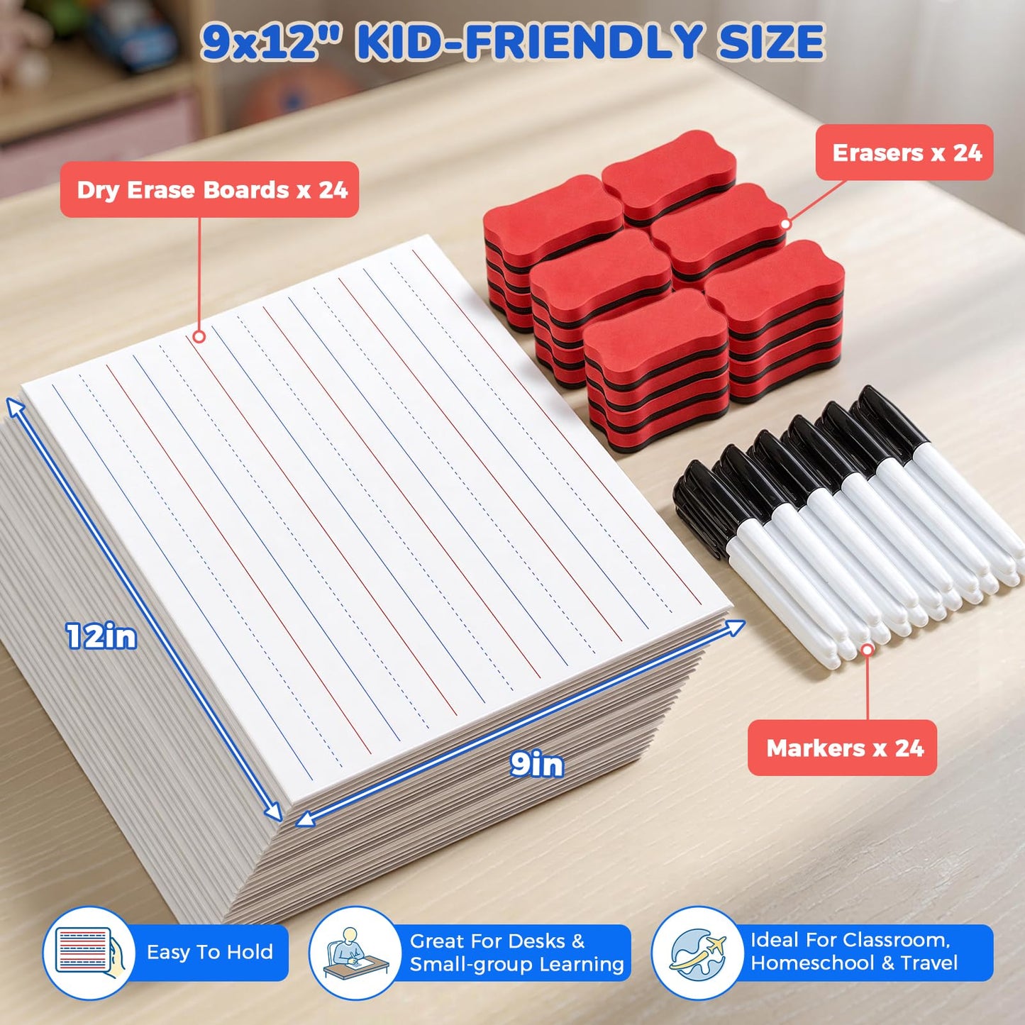 GAMENOTE White Board Dry Erase, Small Magnetic Lined White Board Set, Double Sided Magnet Ruled Lap Boards Whiteboard for Kids and Student Learning, 9x12 Inches (Pack of 24)