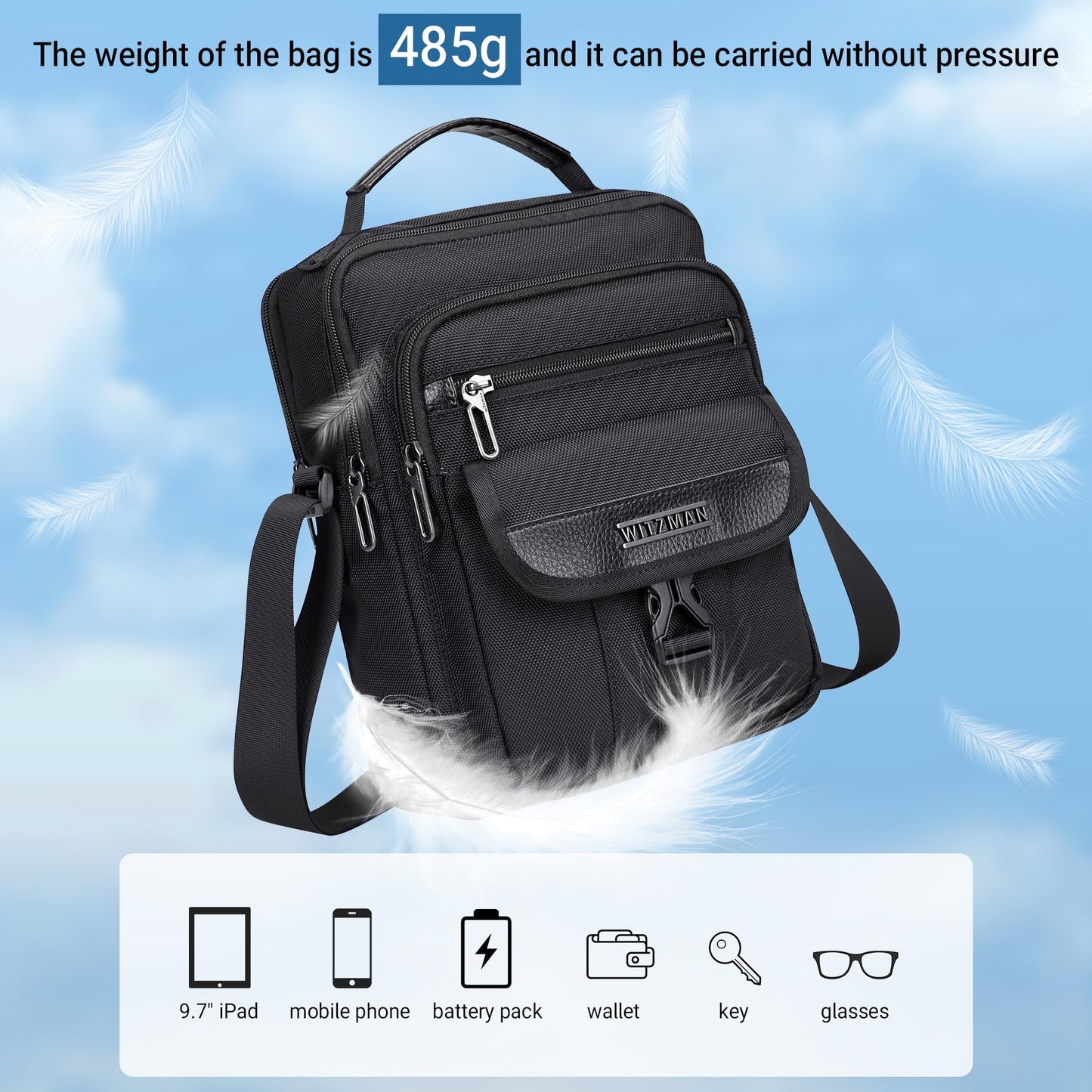 WITZMAN Crossbody Bags for Men Travel Shoulder Bag Lightweight Man Purse Small Casual Messenger Bag for Work Traveling（B699 Black）