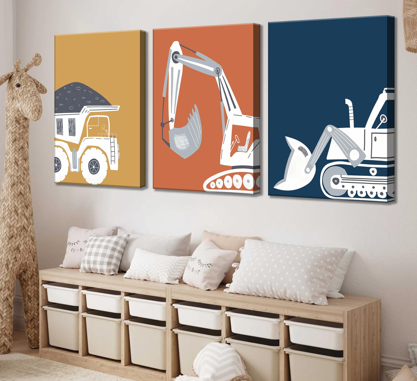3 Pcs Construction Truck Nursery Canvas Wall Art Excavator Dump Truck Tractor Painting Picture Wall Decor Poster Print Artwork Kids Room Boys Room Baby Room Home Decoration