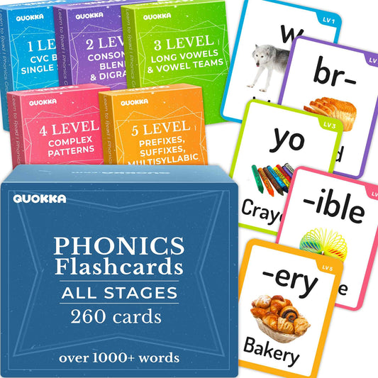 QUOKKA 1000+ Phonics Words Flash Cards for Kids Ages 4-8 – 20 Reading Stages – 260 Card Games for Kids Ages 3-5 and 6-8 – Learn to Read Games & Phonics Manipulatives for Complete Phonemic Awareness