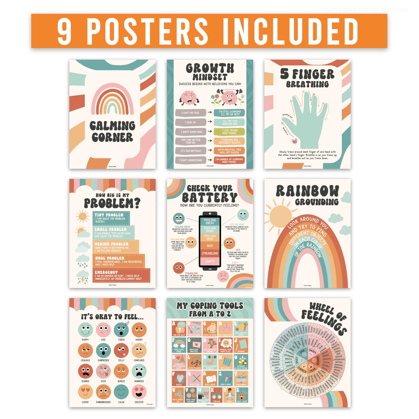 Hadley Designs 9 Calming Corner Posters for Classroom Must Haves - Calm Down Corner Supplies with Emotions Chart, School Counselor Mental Health Poster, Feelings Chart For Kids, Retro Classroom Decor