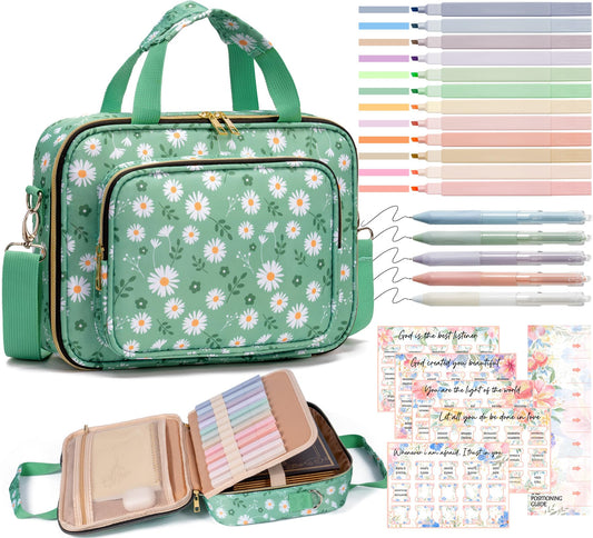 Bible Cover Case for Women, Large Bible Bag w/Shoulder Strap, Bible Study Supplies Journaling Kit Book Carrying Case with Accessories Pastel Highlighters 75 Tabs, Christian Gifts for Women Mom Friends
