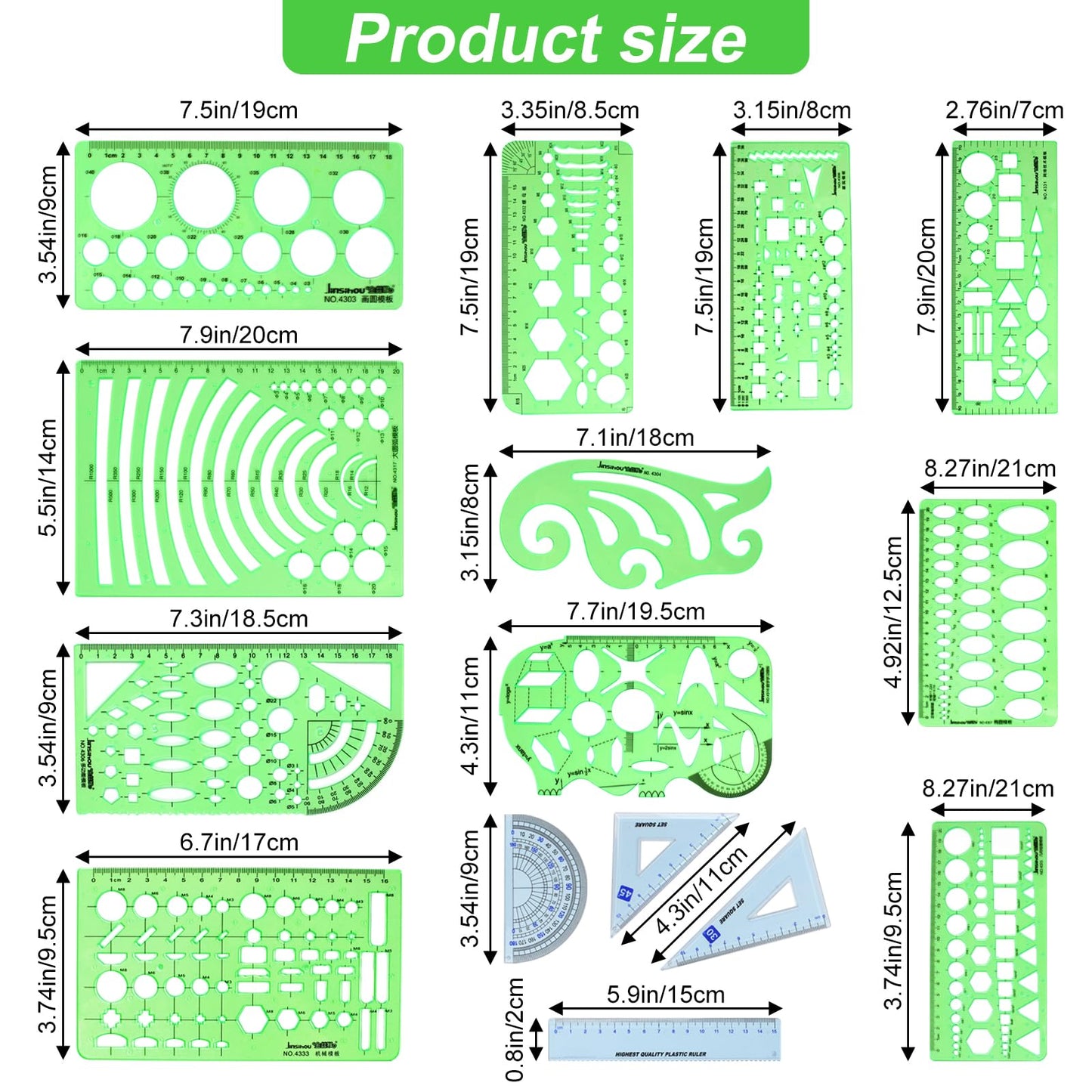 15PCS Geometric Drawings Templates,Transparent Green Plastic Ruler, Drafting Stencils Measuring Tools, Measuring Geometry Rulers for Office, Studying
