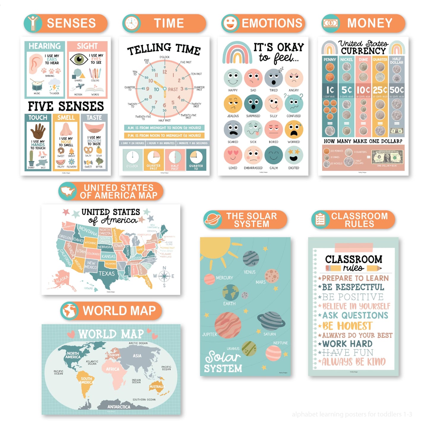 Hadley Designs 16 Educational Posters for Classroom Decor - Boho Educational Posters for Toddlers 1-3, Toddler Learning Posters for Kids Ages 3-5, Kindergarten & Preschool Classroom Must Haves