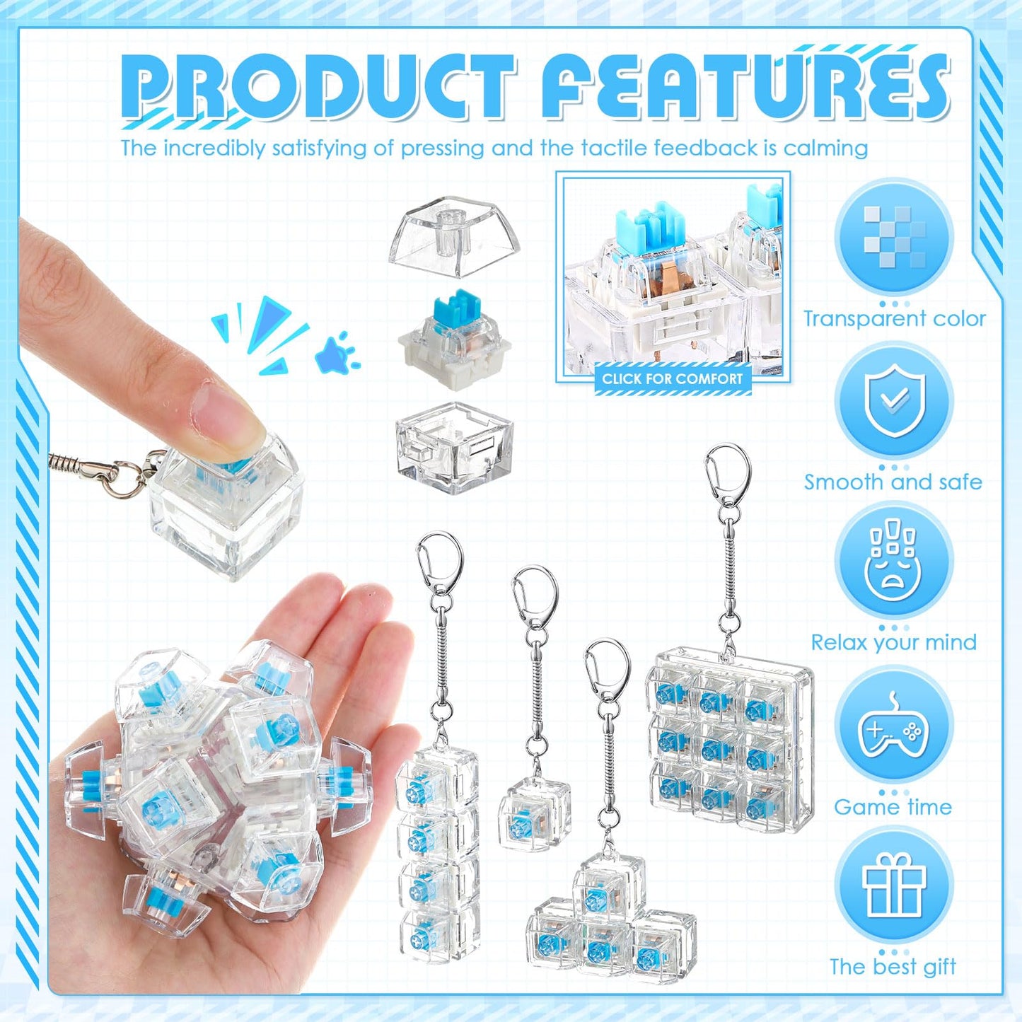 Halloscume 5 Pcs Keyboard Adult Fidget Clicker in 5 Styles Keyboard Fidget Keychain Cube Mechanical Key Button Clicker Stress Relief Gift for Office Home Pass Time(White Transparent)