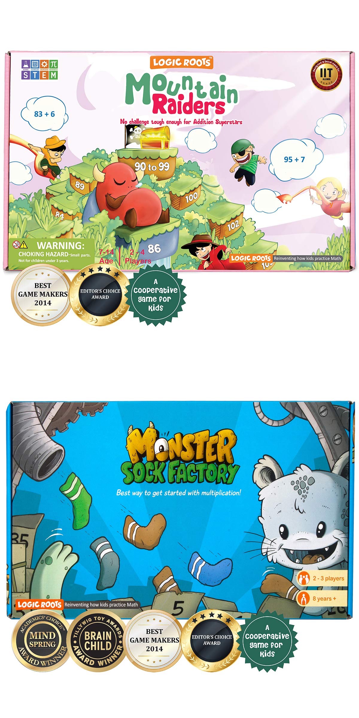 Logic Roots Two Math Games for Kids - Learn Addition, Subtraction, and Multiplication Table | Educational Games for Kids 5 and up for Kids (Monster Sock Factory + Moutain Raiders)