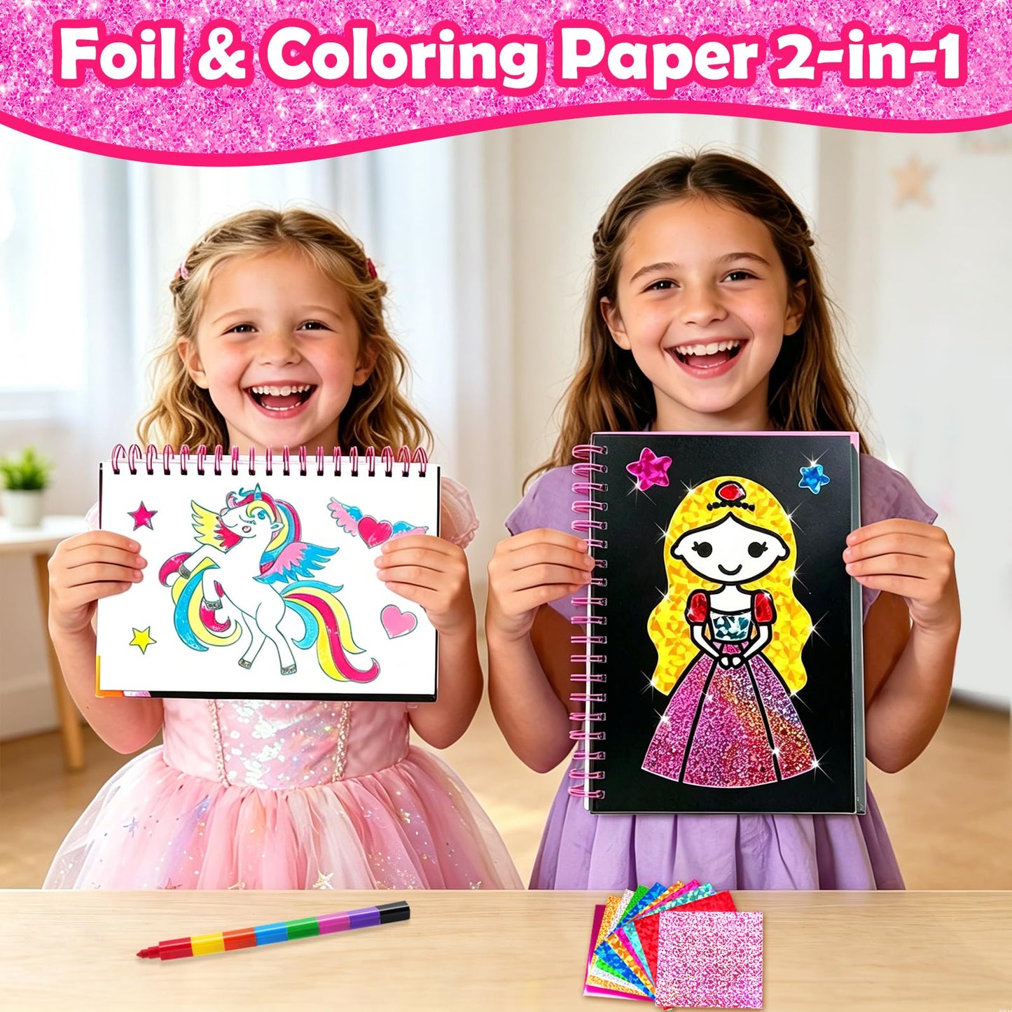FUNNYB&G Foil Art Craft Kit for Girls 4-10 Years Old: Mess-Free & No-Glue, Create 16 Sparkly Princess Unicorn Pictures – Perfect Travel Toy & Birthday Gift for Kids (Princess)