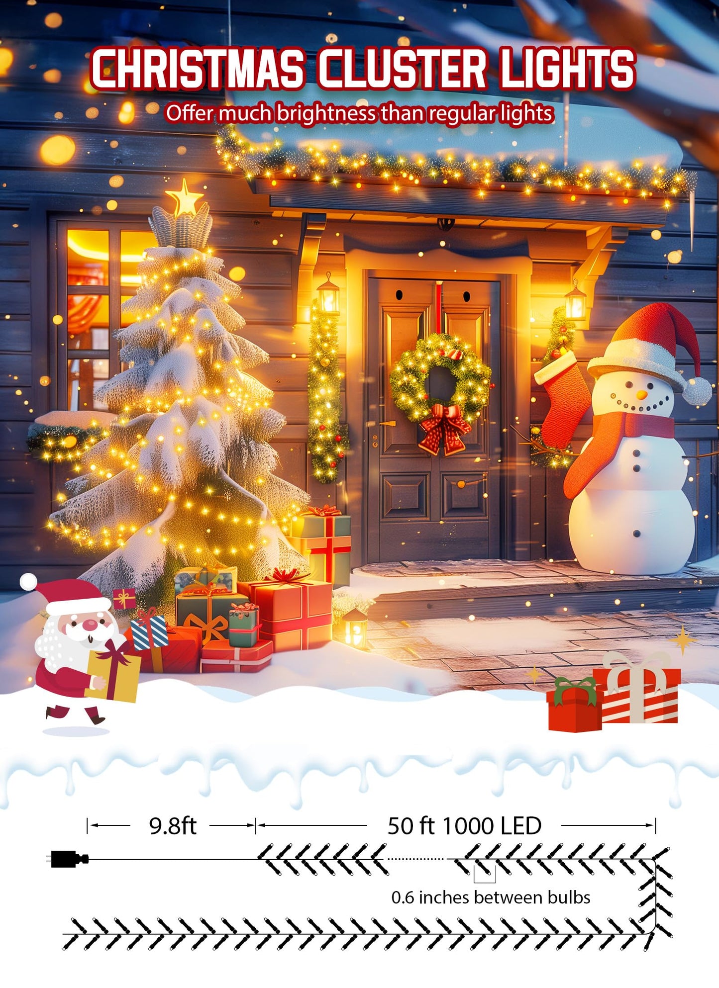 Minetom 1000 LED Cluster Lights, 50 Ft Warm White String Light, 12 Modes, Remote, Waterproof for Christmas Tree, Garland, Party