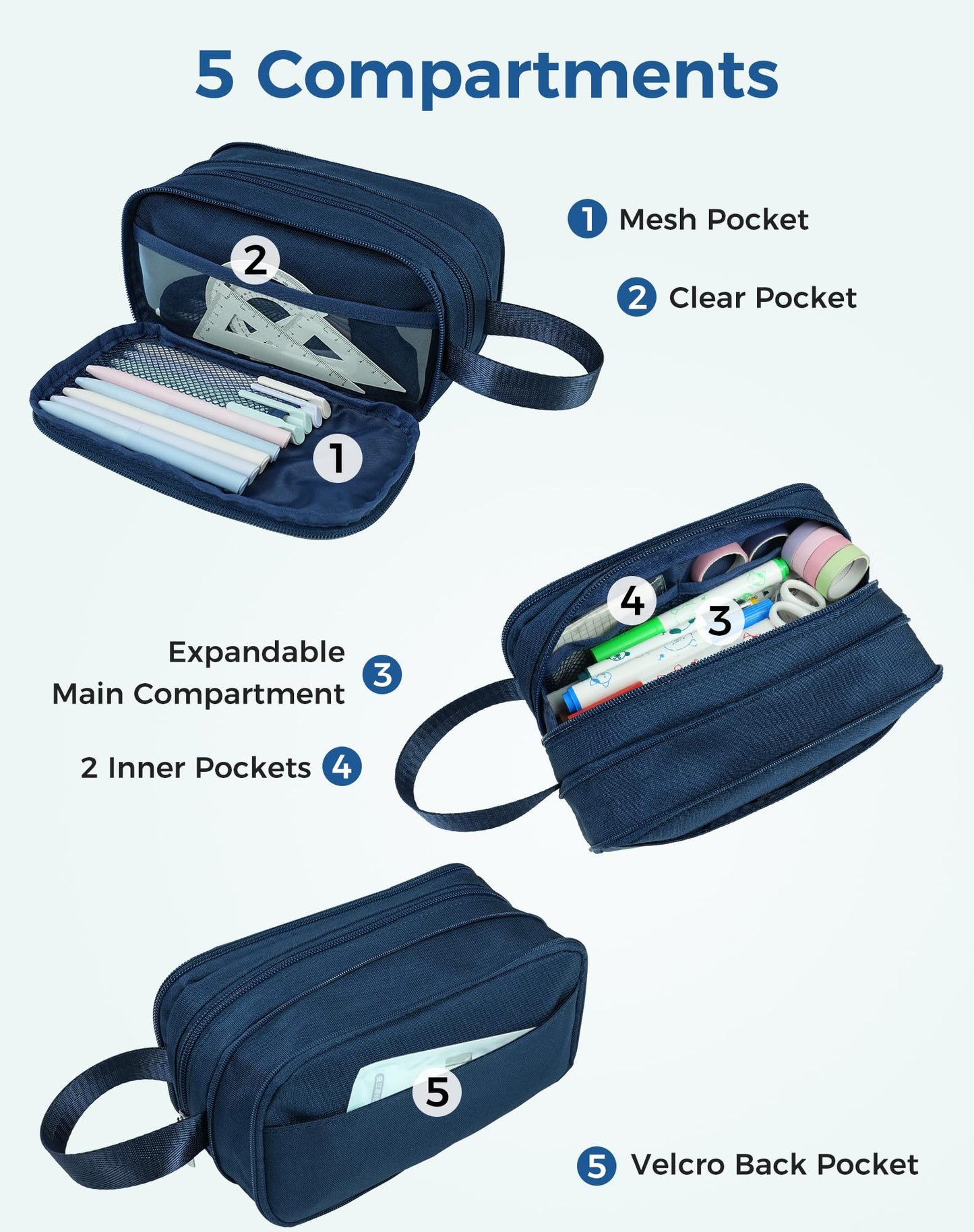 Fmeida Pencil Case Pouch Expandable - Extra Large Pencil Pouch Aesthetic Pencil Bag Office Stationery Organizer with Handle for Adult Men Women - Navy Blue