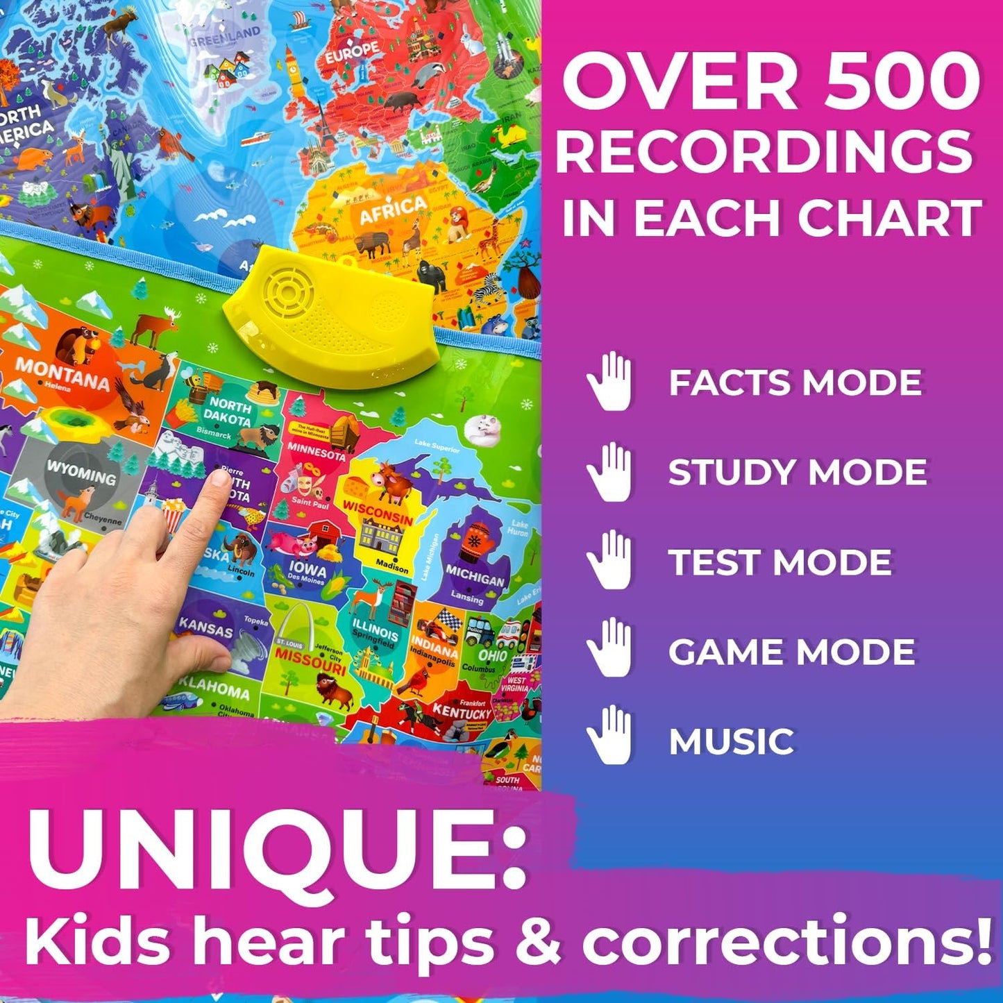 QUOKKA Educational Toys for Kids 5-7 Year Old - USA World Maps Puzzle Learning Wall Chart for Toddlers Age 3 4 6+ - Interactive Speech Therapy Poster Boy Girl - Autism Geography Puzzle Game 8-10-12