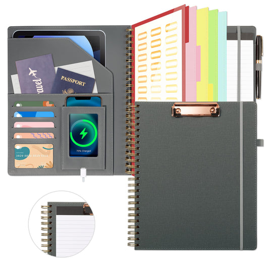 Ospelelf Clipboard with Storage for Men Women, Leather Padfolio Portfolio Organizer 5 Folders with 10 Pockets, Spiral Clipboard Folio with Notepad for Letter Size, Elastic Closure and Pen Loop Grey