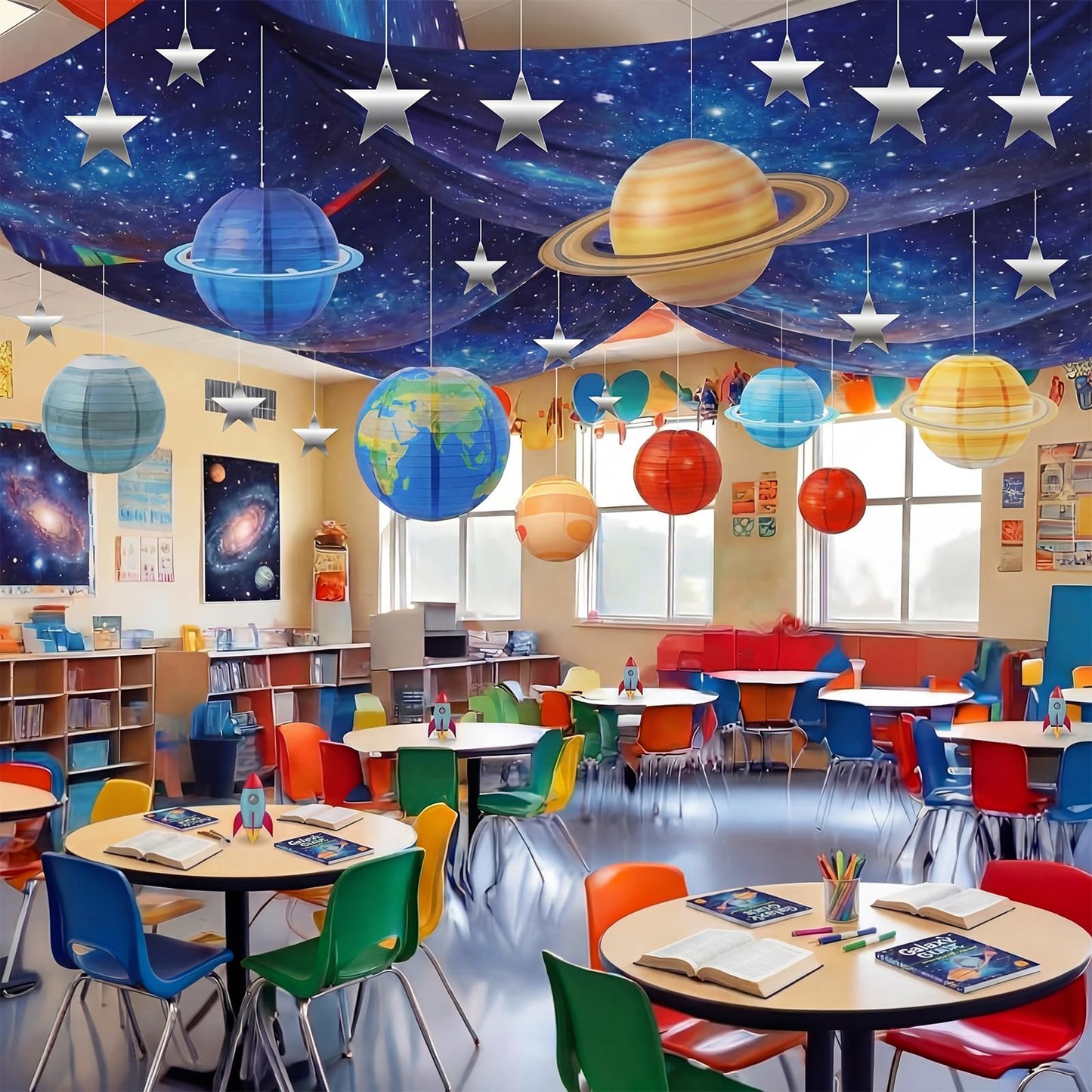 Relaxgiant 45 Pcs 2026 Space Celing Decoration for Classroom 24" x 13ft Galaxy Hanging Backdrop, Star Hanging Ornament, Solar System Paper Lanterns, Hooks for Kids Birthday VBS School Party Decor