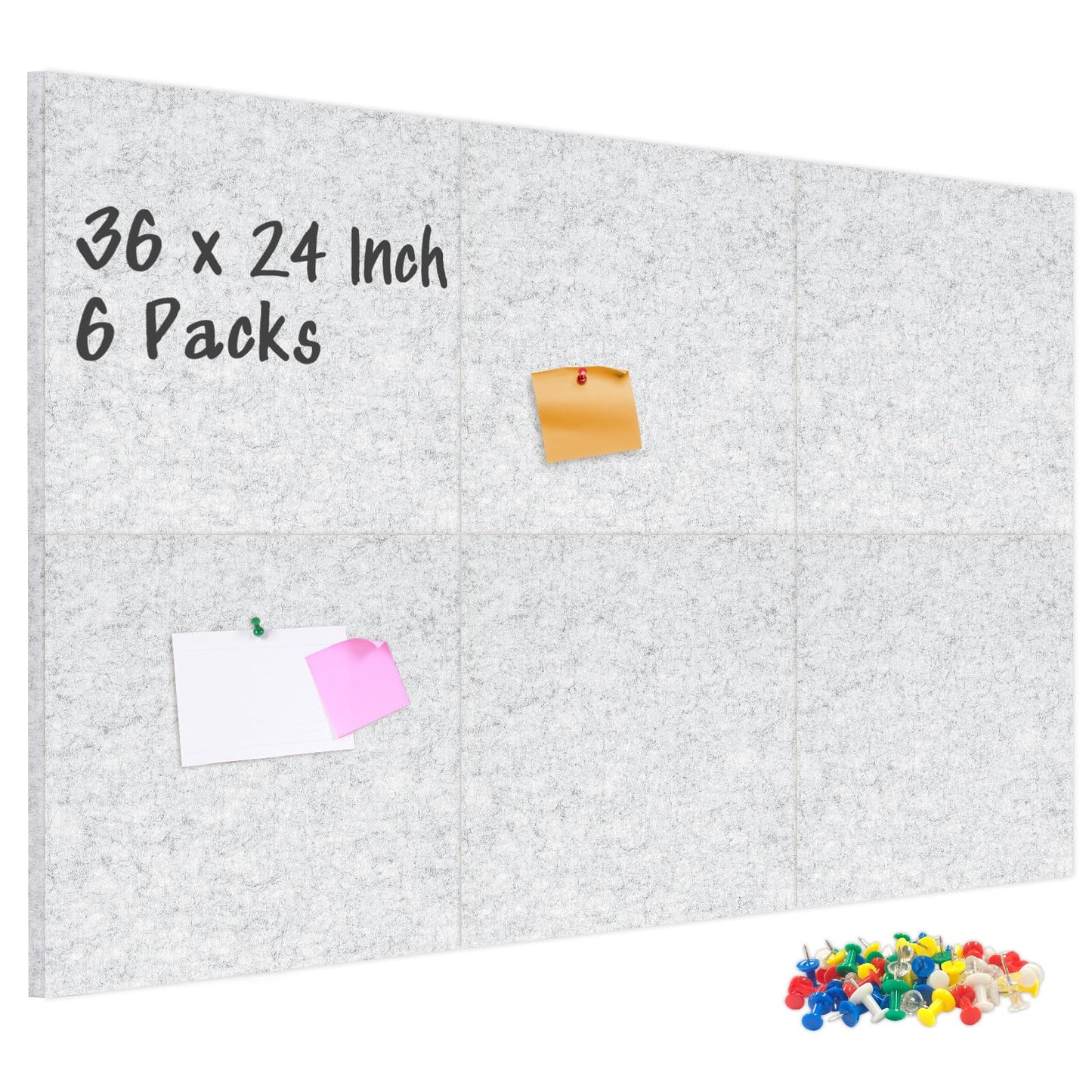 DOLLAR BOSS Felt Cork Board Tiles, 6 Packs 12" x 12" 1/2" Thick Cork Bulletin Board Self Adhesive Corkboards for Walls with 60 Pushpins for Home Office Kitchen School Decor Display, Light Grey