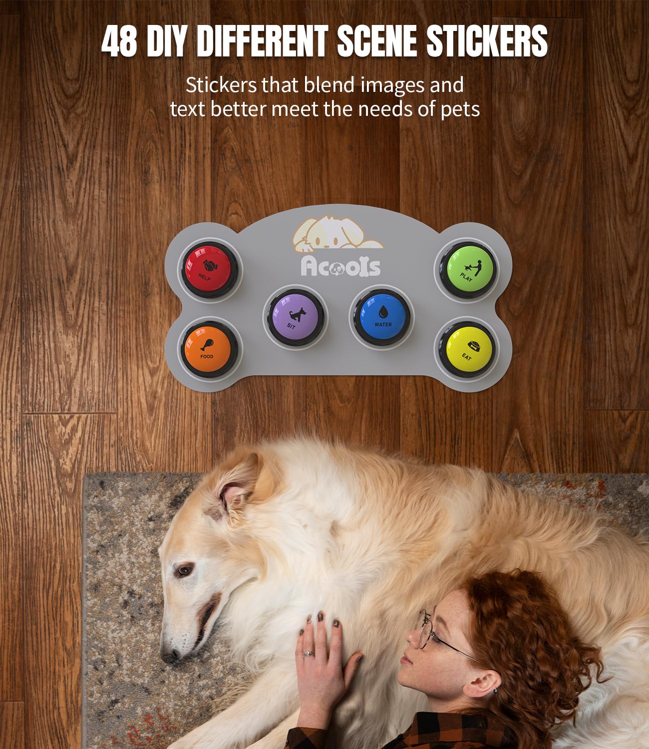 6 Piece Dog Talk Buttons, Dog Buttons for Communication with Non-Slip Mat, 30s Recordable Voice Commands To Train Pet, Dog Talking Buttons Starter Set with 48 Scene Stickers Suitable for Easy Training