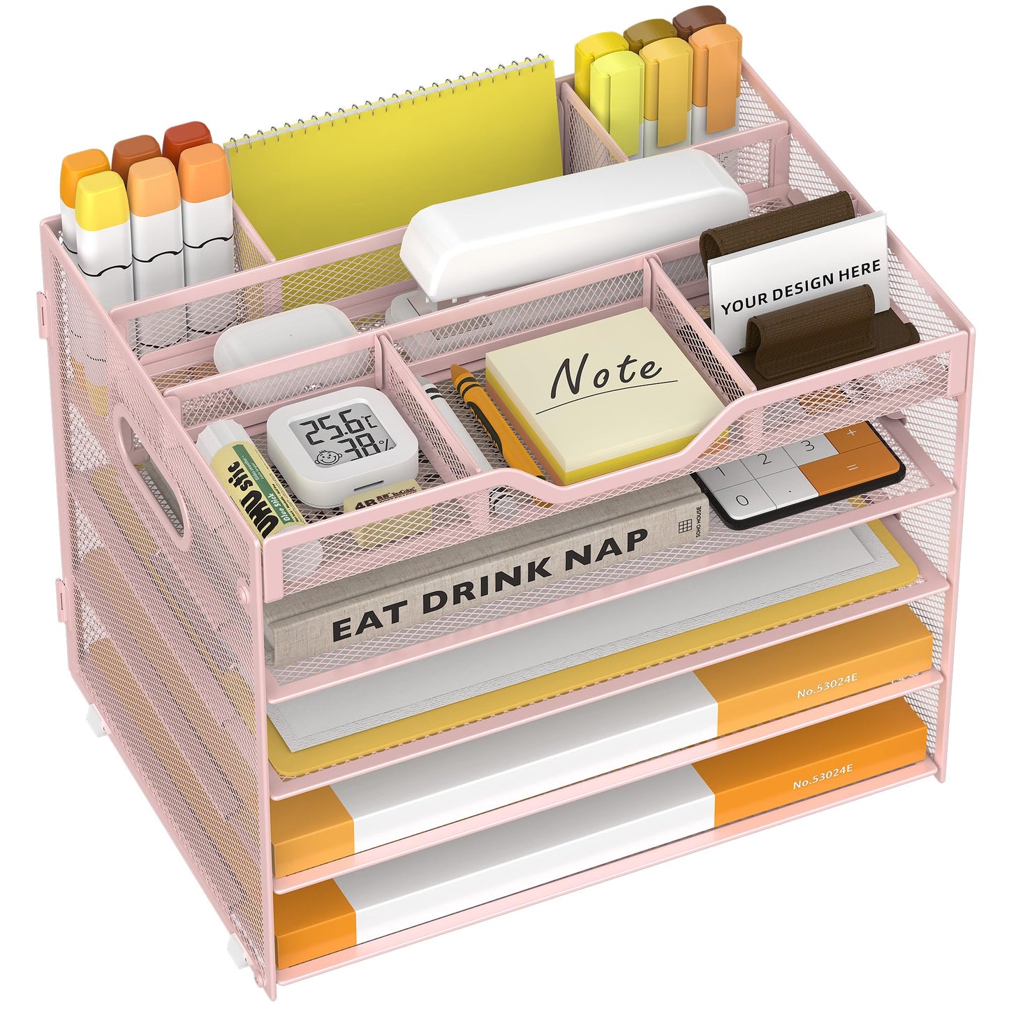 OrgMate 5 Tier Paper Letter Tray with 3 Drop-in Pen Holders, Mesh Desk File Organizer with Handle, Desk Organizers and Accessories for School,Home, Office Supplies Storage-Pink
