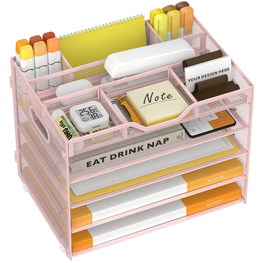 OrgMate 5 Tier Paper Letter Tray with 3 Drop-in Pen Holders, Mesh Desk File Organizer with Handle, Desk Organizers and Accessories for School,Home, Office Supplies Storage-Pink