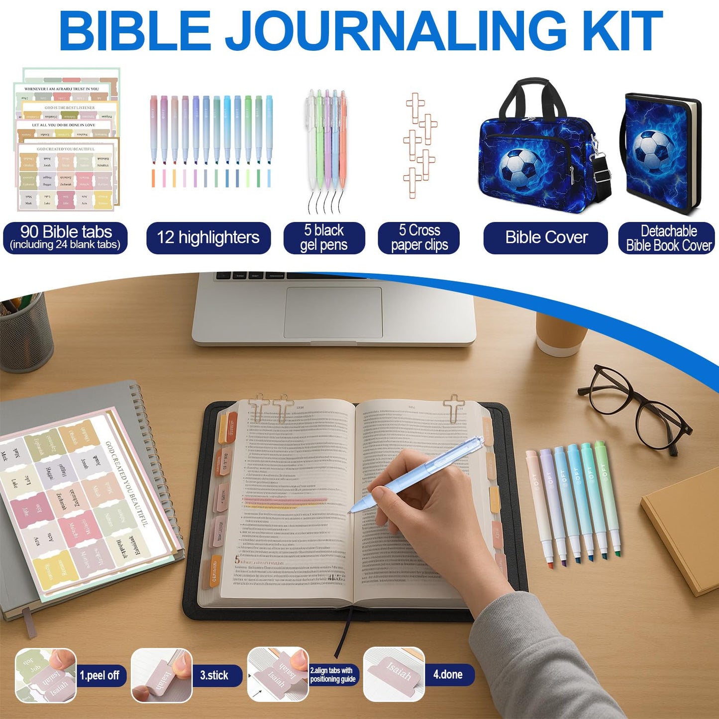 IBOVODI Soccer Large Bible Cover Case for Men Boys, Kids Bible Study Supplies Journaling Kit Book Carrying Case Bible Accessories with Pens Highlighters Cross Clips, Christian Gifts for Men