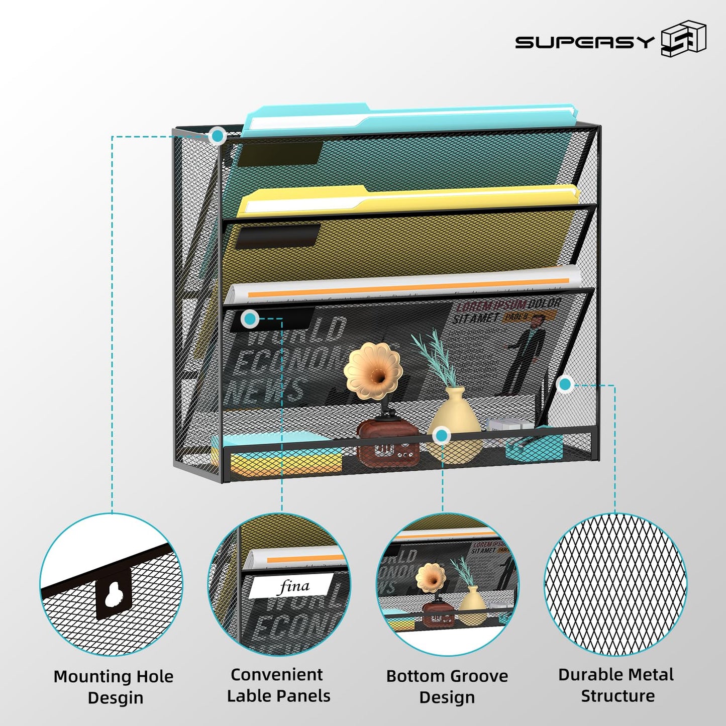 SUPEASY Wall File Organizer Mesh Office Mail Holder, Hanging Wall Organizer Magazine Rack for Office Black, 4 Tier