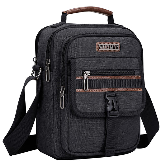 WITZMAN Crossbody Bag for Men Canvas Messenger Bags Vintage Man Purse Small Casual Shoulder Bag for Work Traveling（A8014 Black）