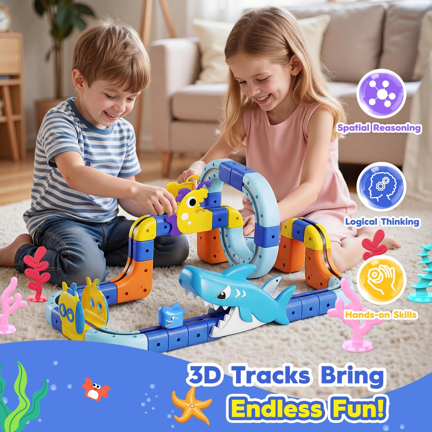SnapGlowz 193PCS Magnetic Train Set: Shark Toys 3D Infinity Racer Electric Train Set for Kids Flexible Cube Rail Train Track with Anti-Gravity Train STEM Toys Gifts for 3 4 5 6 7 8 Year Old Boys Girls