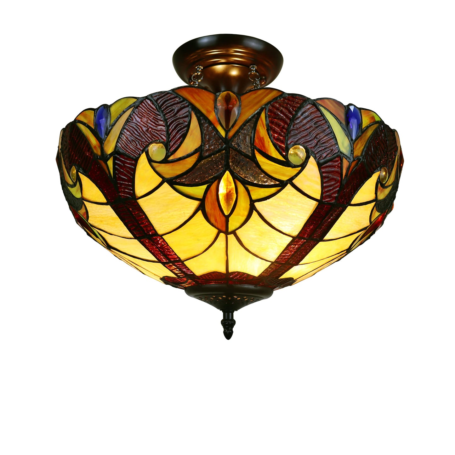 Chloe Lighting Adia Victorian Tiffany-Style Semi-Flush Fixture, 2 Lights, 16in Wide, Dark Bronze, Multicolor Glass, Model CH38632AV16-UF2