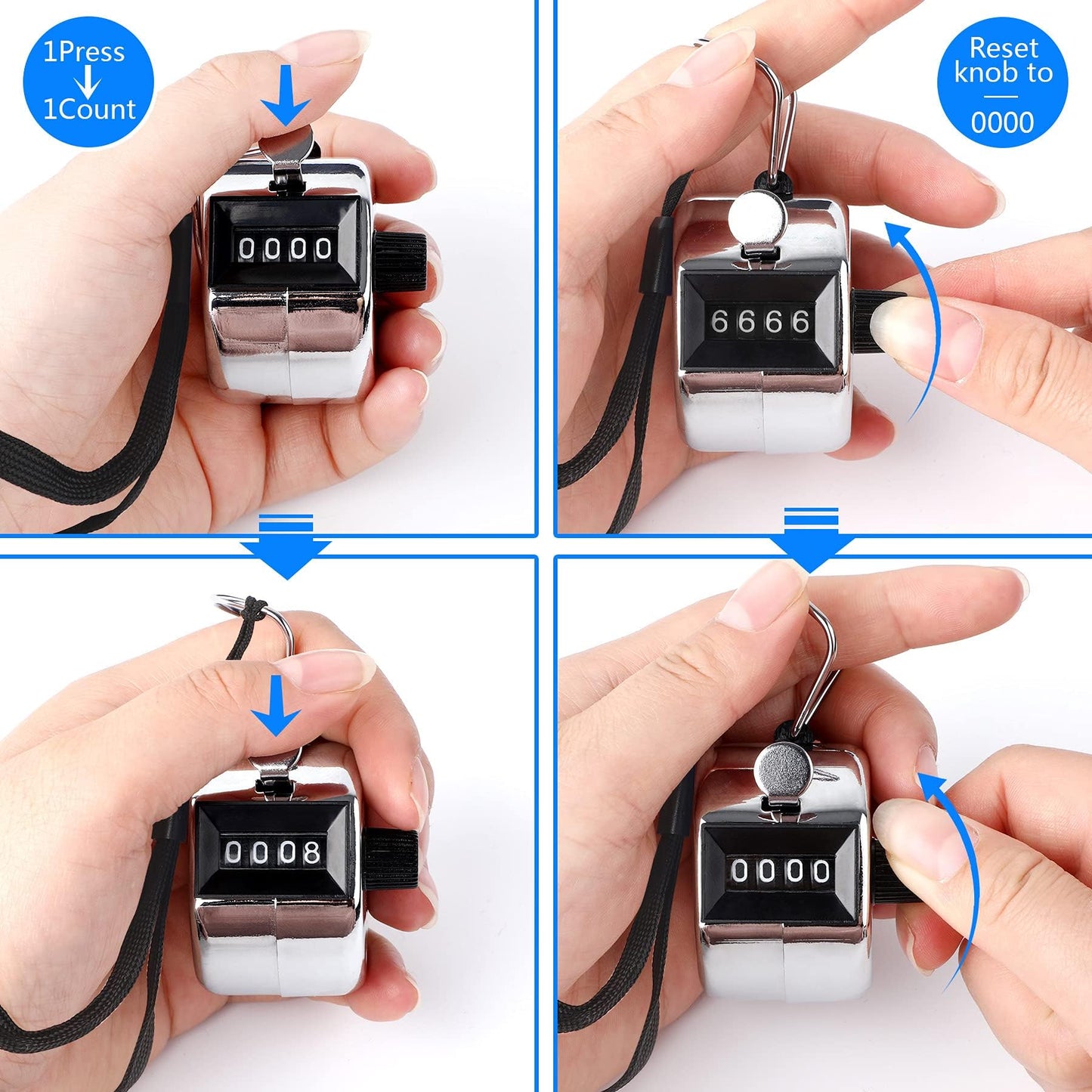 FEBSNOW Hand Tally Counter 4 Digital Clicker Counter for Sport Row School Event (Metallic)
