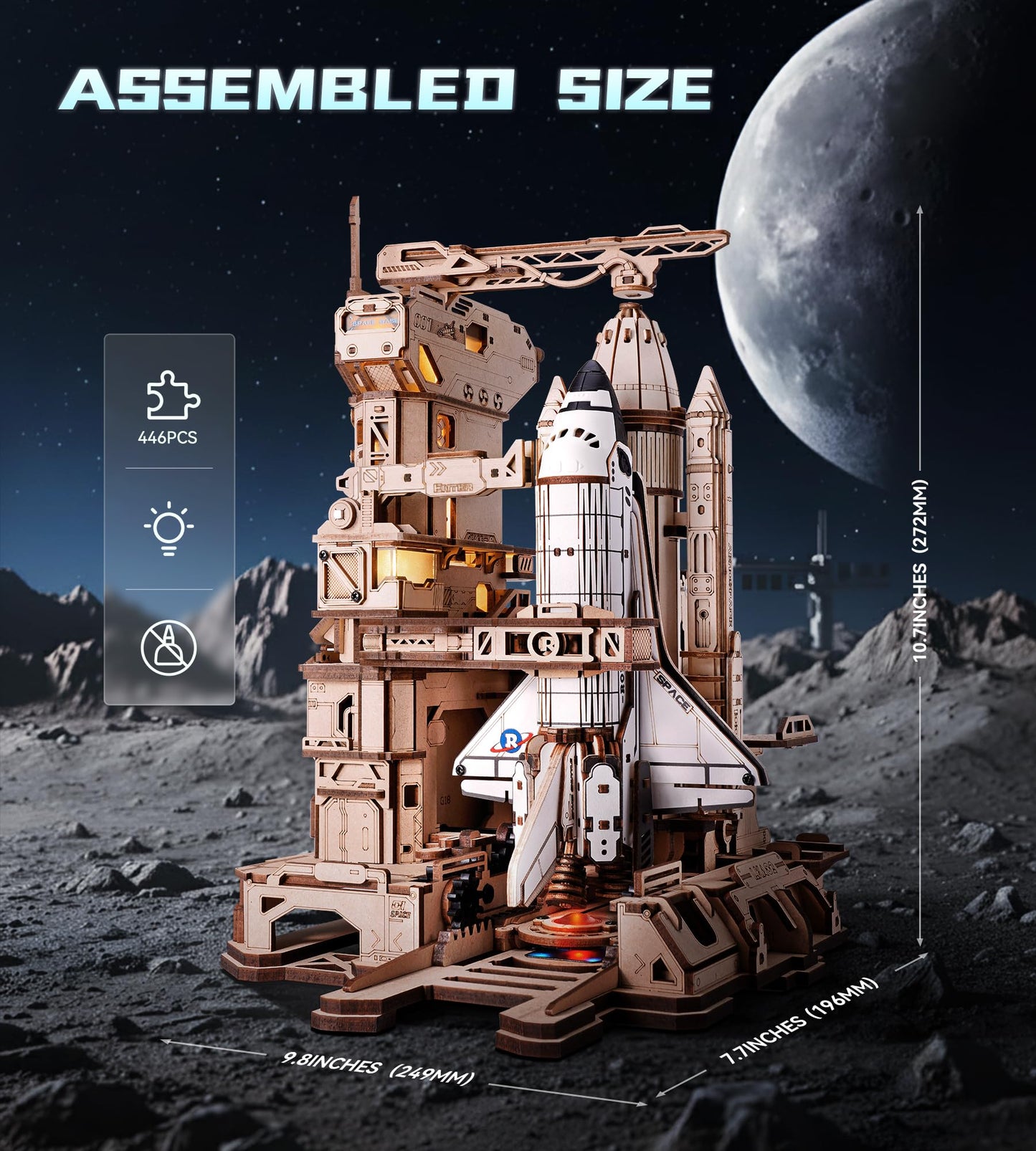 ROKR 3D Puzzles Space Shuttle-Dynamic Launch Base with Motorized Lift, LED Light Effects, 1:420 Scale Collectible Building Kit