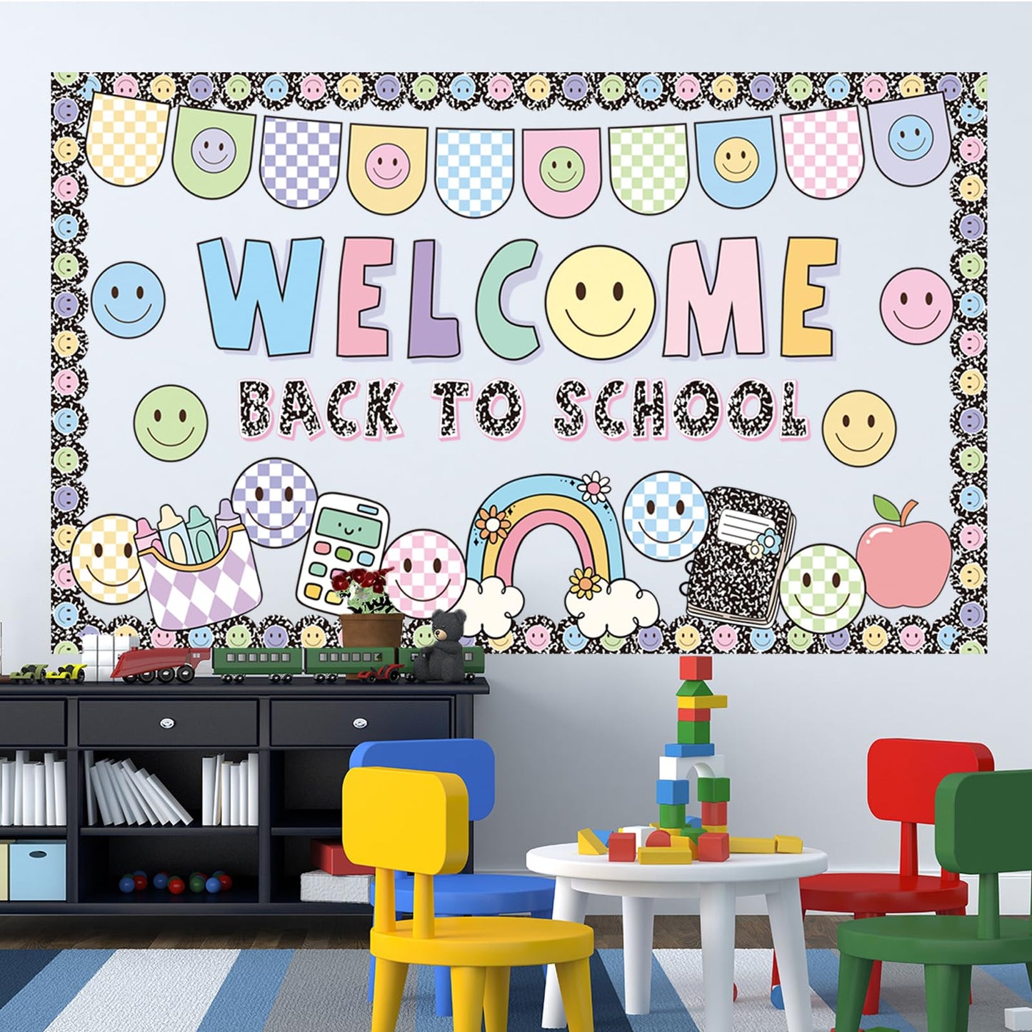 Welcome Back Bulletin Board Decorations Set with Borders Composition Notebook Smile Cutouts Decor for Teachers Back to School Bulletin Board for Class School Classroom Chalkboard Wall Decor