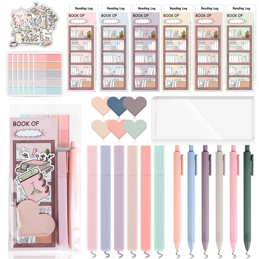 52 PCS Aesthetic Book Annotation Kit 6 Pastel Highlighters and Gel Pens Reading List Bookmarks Sticky Notes Index Tabs Stickers Bible Pages Self-Adhesive Bag for Book Lovers Gifts Book Accessories