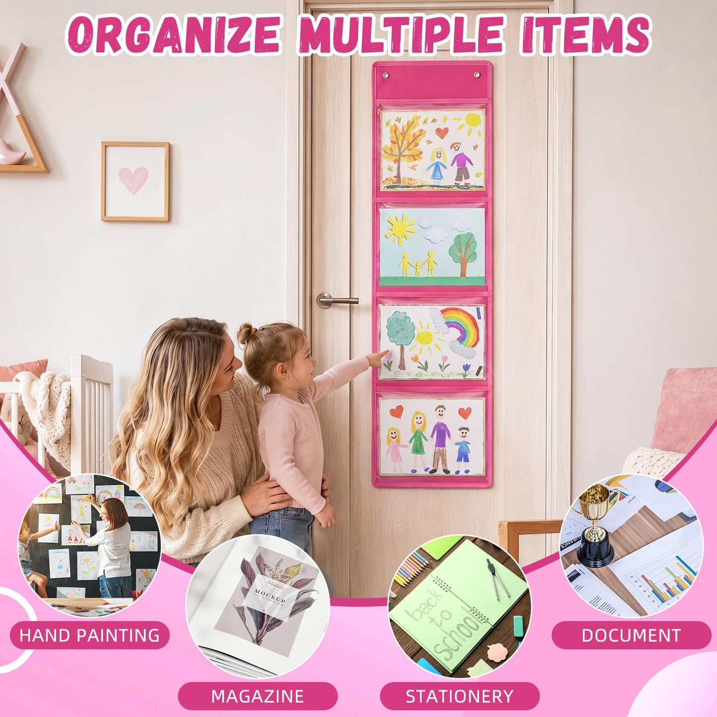 Watersay 2 Pcs Storage Pocket Chart for Classroom 37.4 x 13 in, 4 Pockets Hanging Wall File Organizer for Cards, Drawing, Pictures, Class Demonstrations, Homework, Teacher Office Organization (Pink)
