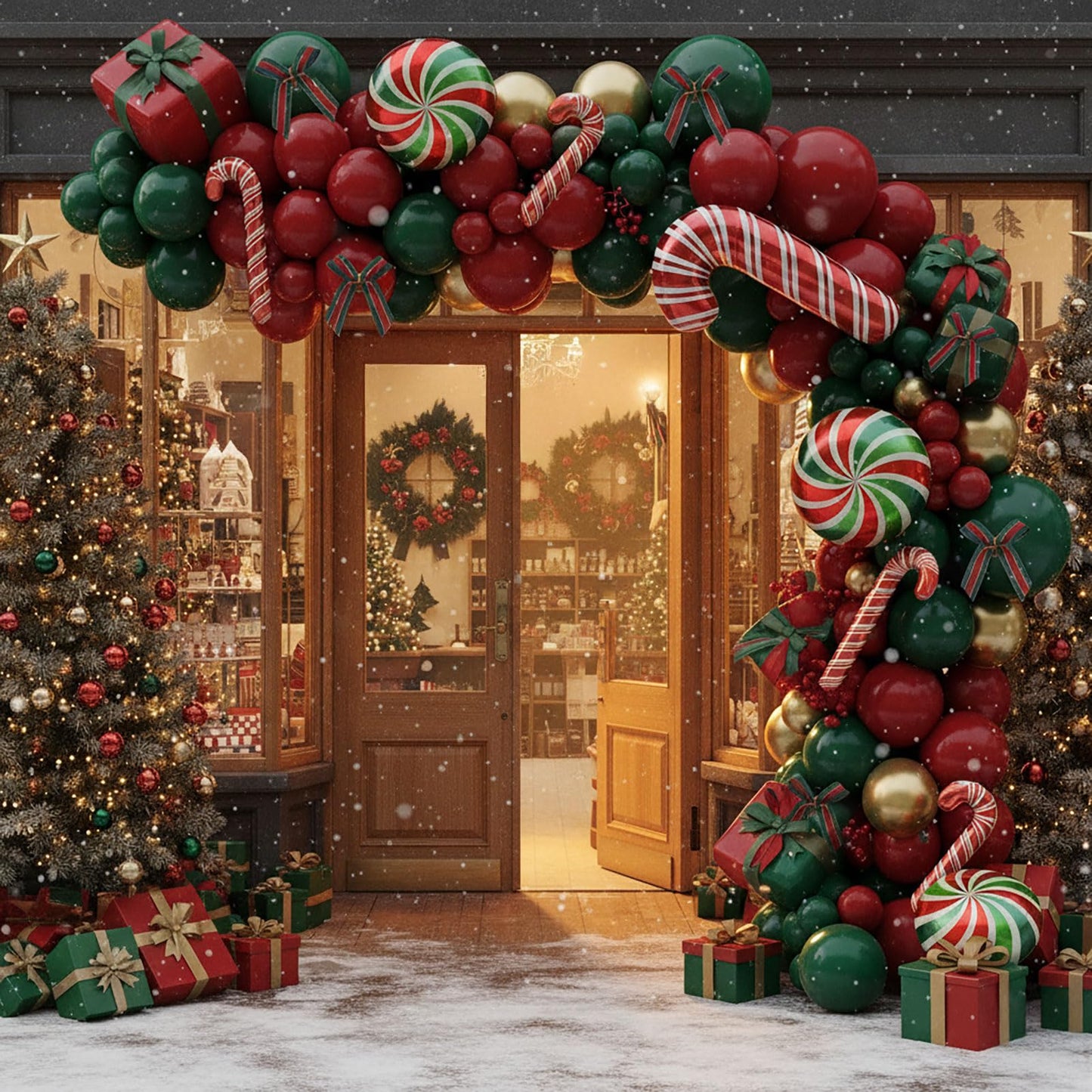 Christmas Balloon Garland Arch Kit with bow Xmas Gold Red Green Balloons Candy Cane Gift Box Gingerbread Man Foil Balloons for Christmas New Year Birthday Party Decorations