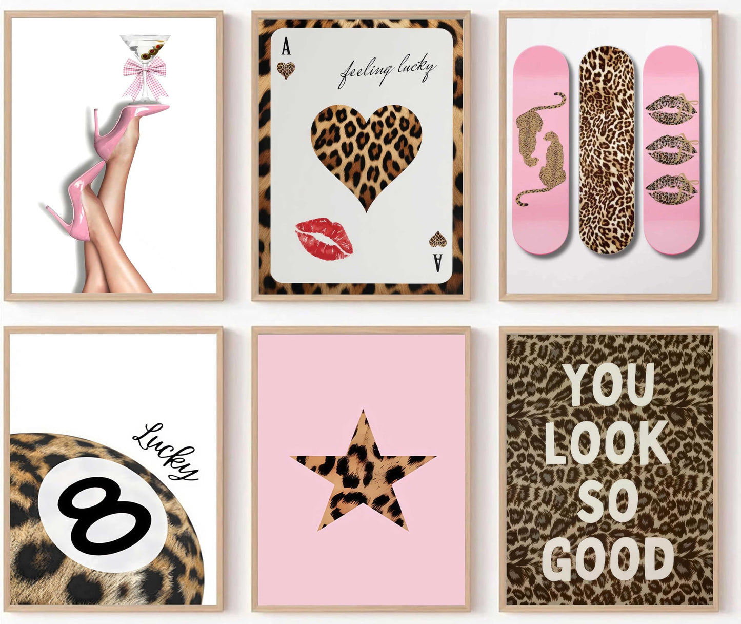 6Pcs Trendy Leopard Wall Art Funky Lucky 8 Ball Posters Prints Stylish Cheetah Room Canvas Wall Decor Preppy Aesthetic Ace Card Paintings Pictures for Girls Bedroom Apartment Dorm Unframed