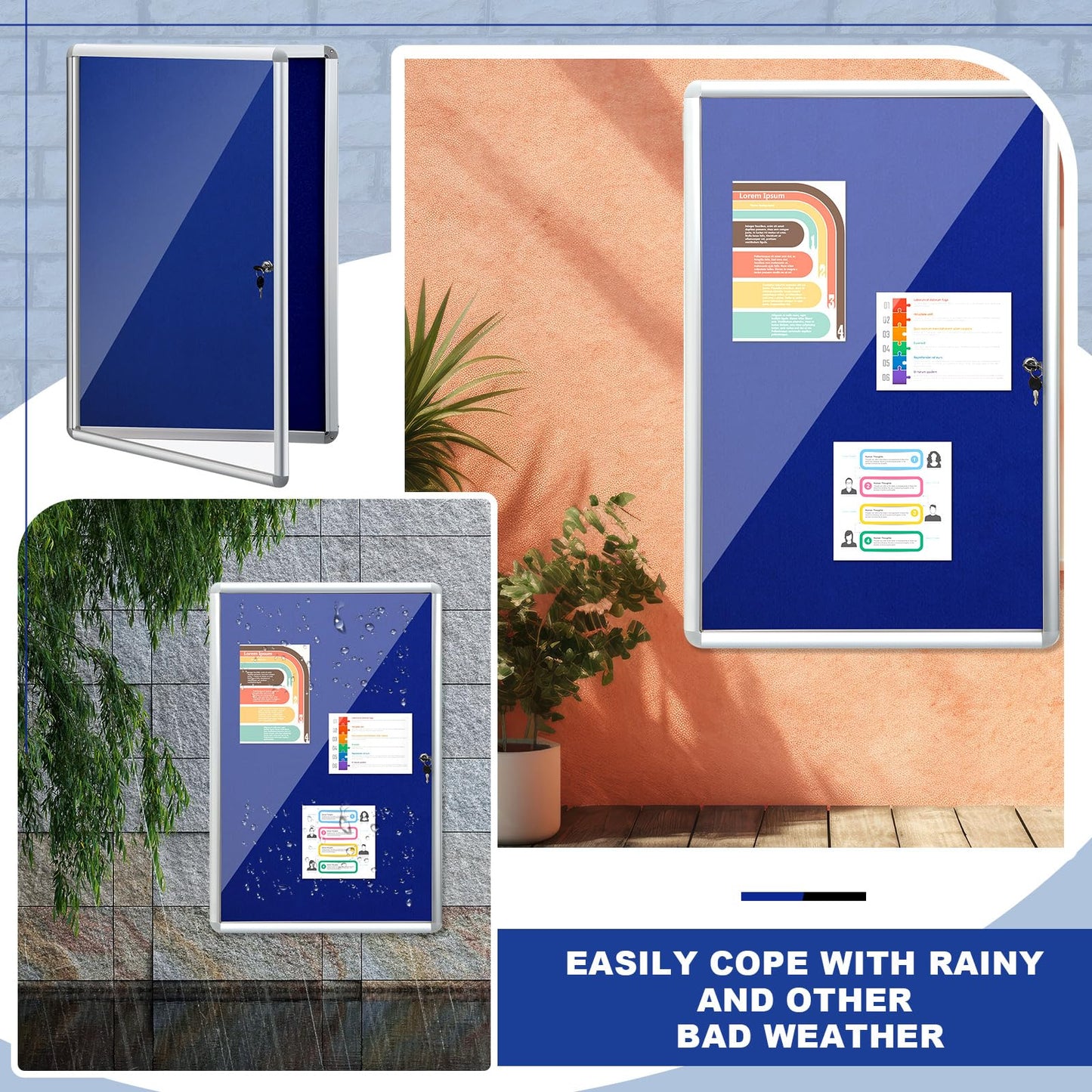 Maasechs Blue Enclosed Bulletin Boards 36 x 46.5 Inch Lockable Noticeboard Displays Cork Boards Wall with Locking Door, Outdoor Bulletin Board Windproof Ideal for School Office Notices