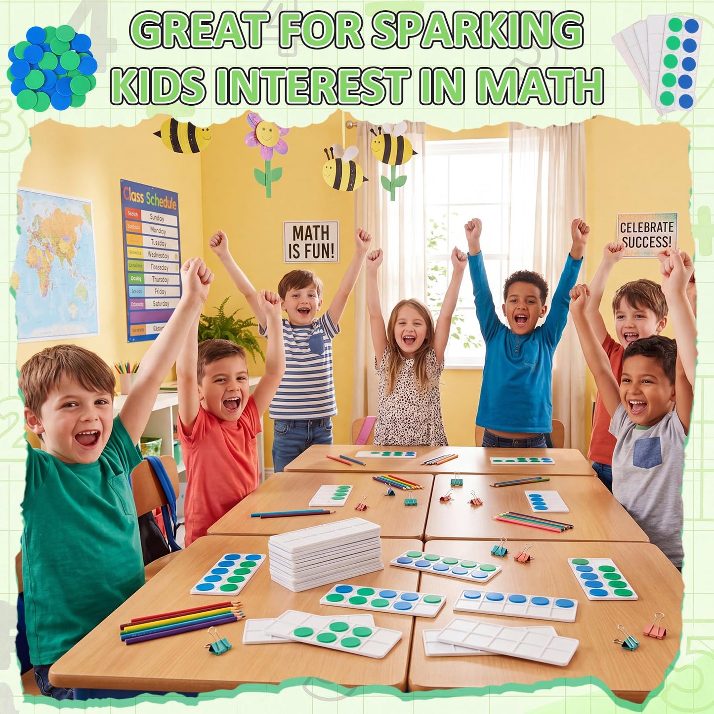 Soulchen 12 Sets Plastic Ten Frames for Classroom Math Manipulatives for Kids Classroom Math Counters Supplies Including 12 Plastic Ten Frames, 120 Counters for Teach Number Concepts (Green,Blue)
