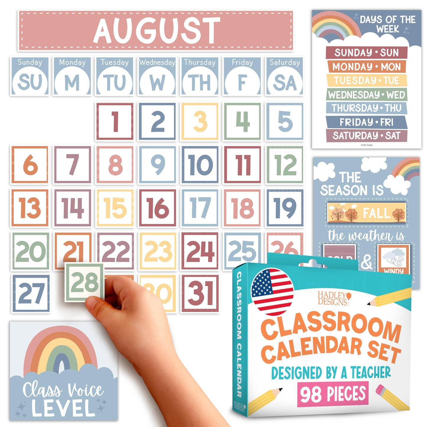 Hadley Designs Classroom Calendar Set Bulletin Board Decorations - Boho School Calendar for Classroom Decor, Kindergarten Preschool Elementary Teacher Must Haves, Homeschool & Daycare Essentials