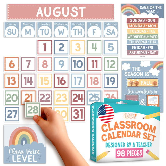 Hadley Designs Classroom Calendar Set Bulletin Board Decorations - Boho School Calendar for Classroom Decor, Kindergarten Preschool Elementary Teacher Must Haves, Homeschool & Daycare Essentials