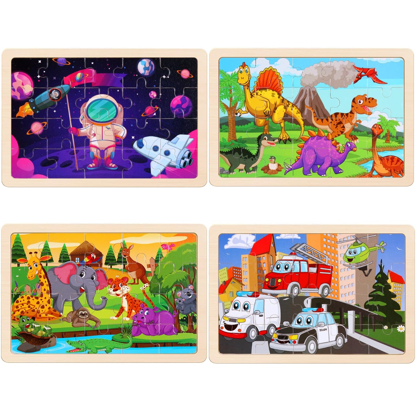 Wooden Puzzles Toys for Kids Ages 3-5, Set of 4 Packs Dinosaur, Space, Transportation Wood Toddler Puzzles, Preschool Brain Teaser Toys for Boys and Girls 2 3 4 5 6 Years Old