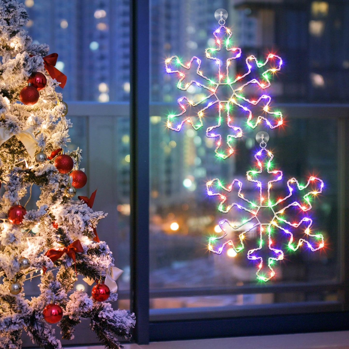 Hiboom 2 Pack Christmas Window Lights, 12 Inch Colorful Snowflake LED Decorations, Model CW-Hiboom-1807, Battery Powered