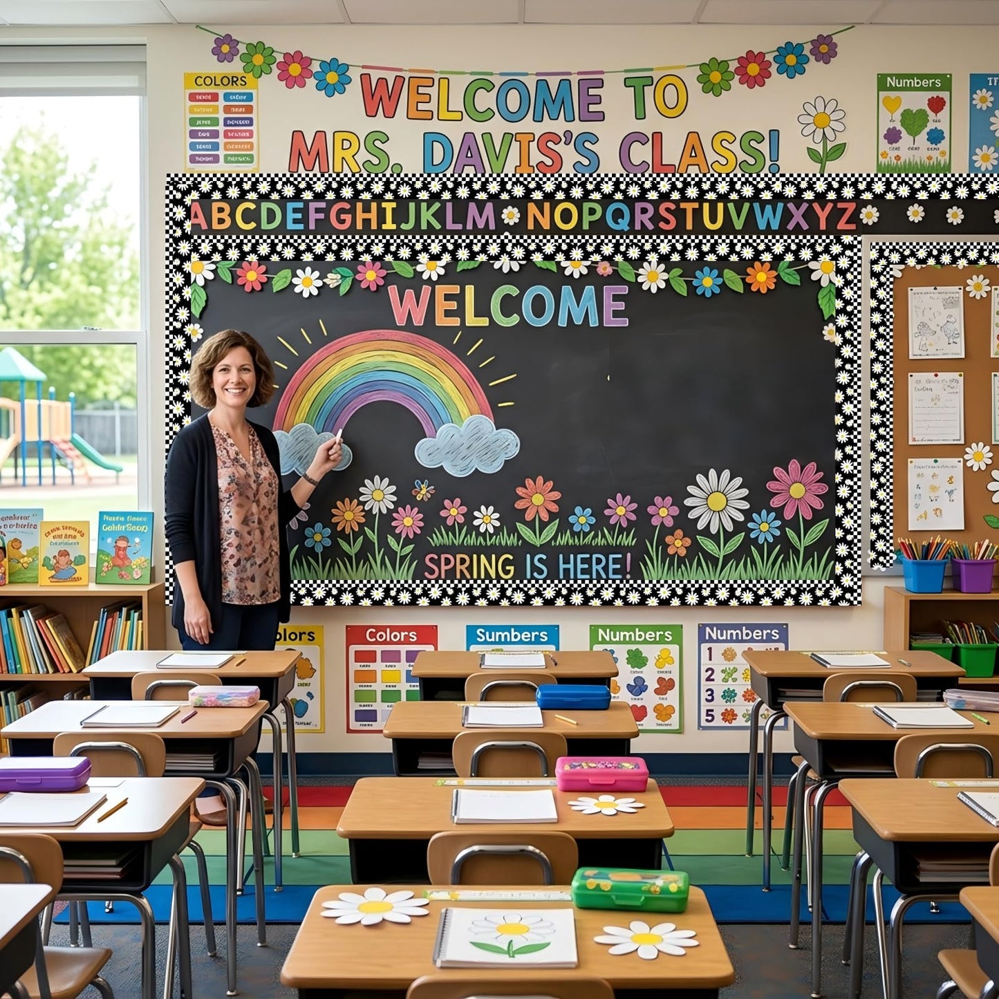 Trandraft 2 Rolls 65.6ft Daisy Checkered Bulletin Board Borders Decoration Black and White Checkerboard Board Borders Strips Summer Daisy Classroom Decor for Back to School Classroom Offices Party