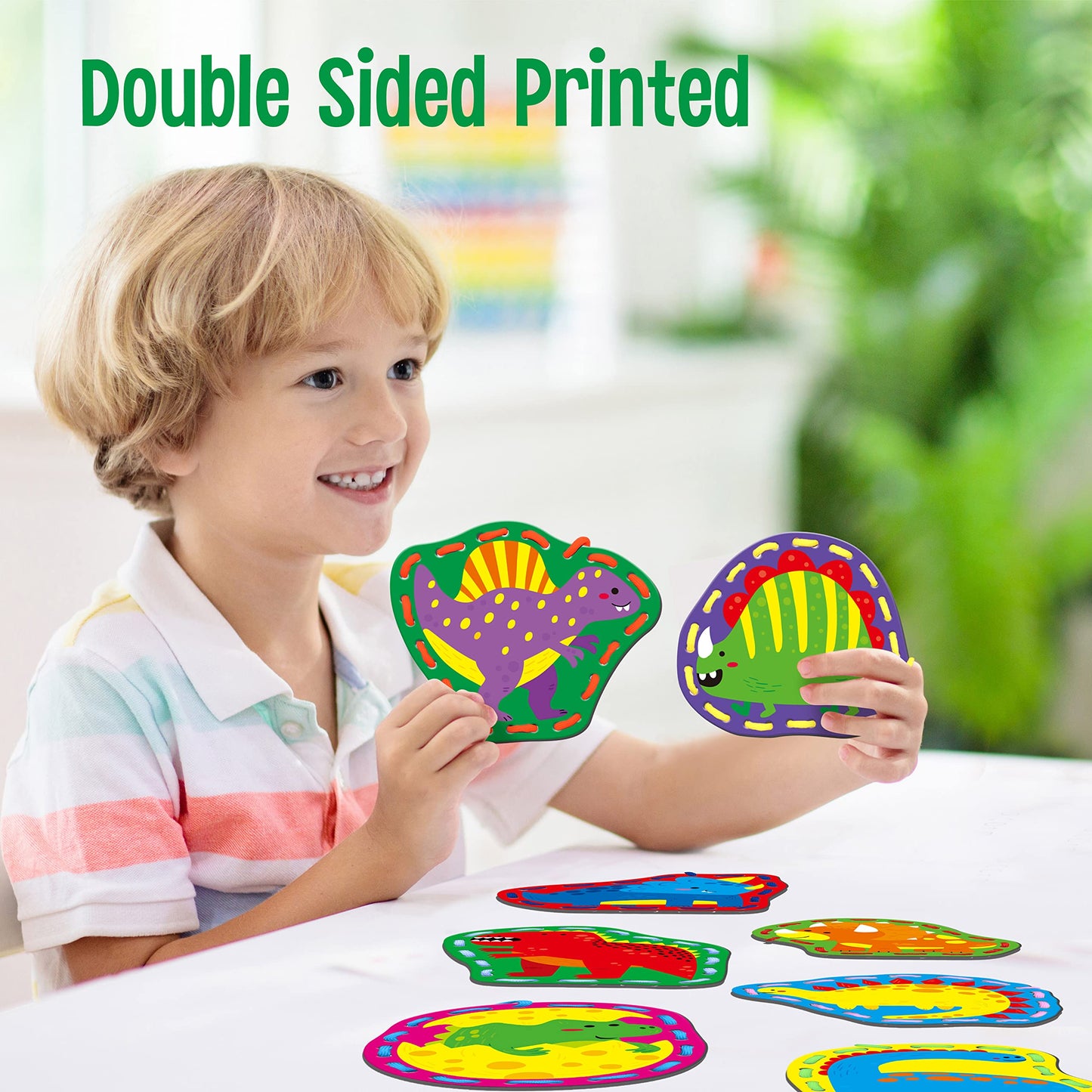 SpriteGru 9 Pieces Kids Lacing Cards, Double Sided Sewing Cards in 9 Dinosaurs with 9 Colorful Laces, Imagination Development Lacing Toys Games for Children Educational and Learning Activity