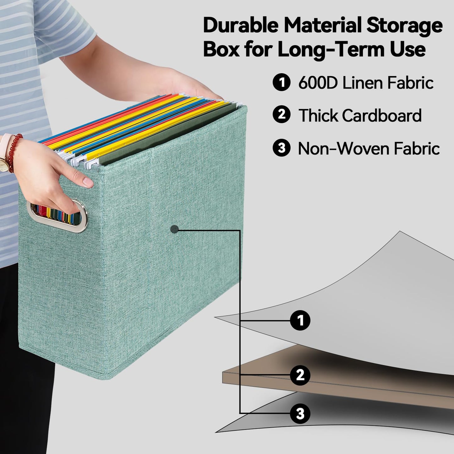 ComfortKeeper 4 Packs Letter Size File Organizer, File Folders Organizer, Fabric Storage Box, Collapsible Paper Organizer with Metal Handle, Smooth PVC Rails, Only Box (Green)