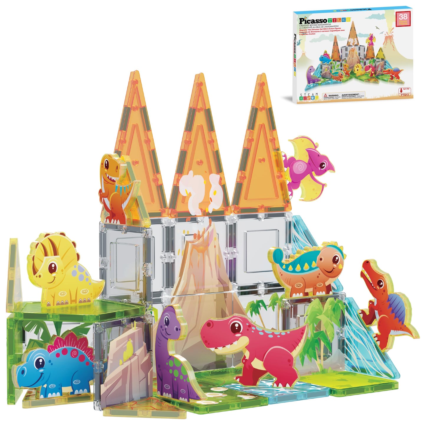PicassoTiles Magnet Tiles Building Blocks Dinosaur Theme Set with 8 Magnetized Action Figures Magnetic Construction Build and Play Toy with Magnets STEM Learning Activities for Toddlers 3+ PTQ13