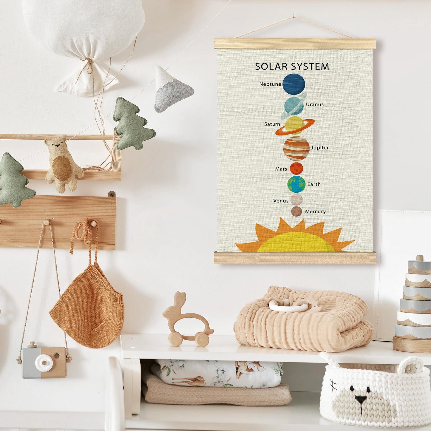 BCUANGD Space Wall Art - Solar System Kids Boys Planet Wall Art Poster Hanger with Wood Frames, Galaxy Education Wall Hanging Canvas Decor for Space Home Classroom Nursery Playroom, 12x16 Inches