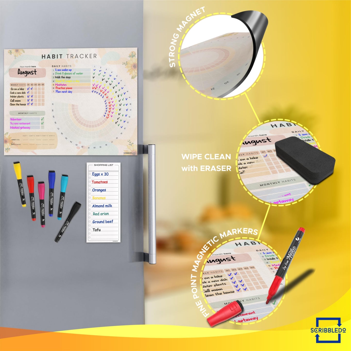 Habit Tracker Journal Workout Motivation Fridge Calendar Dry Erase 13” X 17” Magnet Health Fitness Goal Tracker Goals Board - With Shopping Grocery List - 6 Markers Included