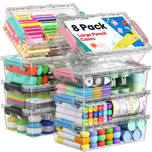 BiuLeon 8 Pack Large Pencil Box Set, Plastic Clear Pencil Case Marker Organizer, Crayon Box Craft Organizers, Stackable Storage Containers with Lid for Pen, Art and Craft Supplies(Color)