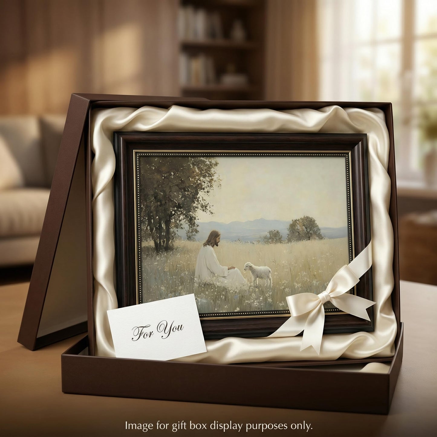Dark Brown Framed Jesus And The Lamb Canvas Wall Art Jesus Leaves The 99 Sheep Wall Decor Picture Christian Bible Stories Poster Print Artwork for Church Living Room Bedroom Decoration