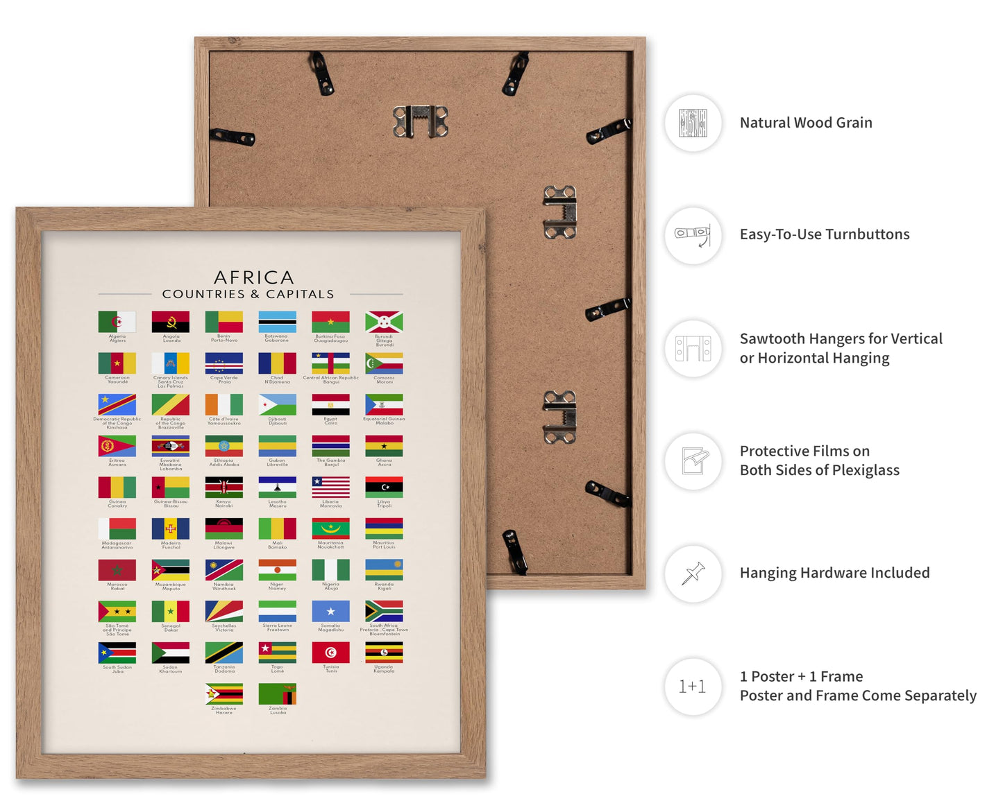 Poster Master Flags of Africa Poster - African Countries & Capitals Print - Learning Materials Art - Flag Art - Gift for Students & Teachers - Decor for Classroom or Library, 11x14 Beige Framed