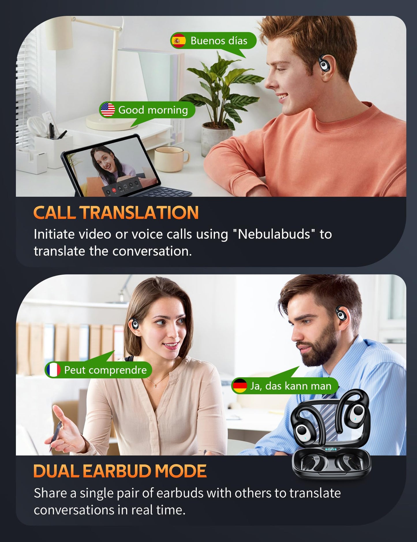 MUSICROSS Ai Translation Earbuds Real Time 144 Language Translator Earbuds Audifonos Traductores Inglés Español 4 in 1 Translator Device with 9 Working Modes for Travel Business Learning Black